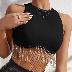 Never worn rhinestone fringe black zip up crop top